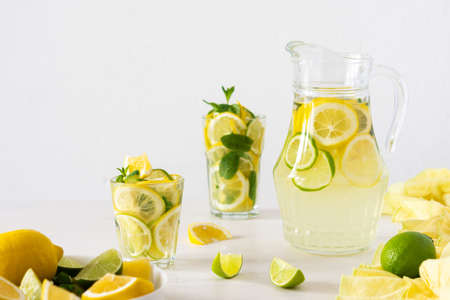 Summer refreshing drink of lemon, lime and mint, jug with lemonade and glasses and citrus slicesの写真素材