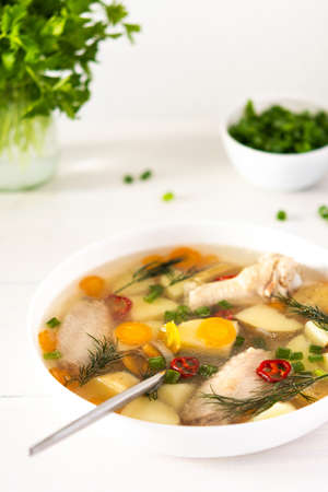 Chicken soup with fresh vegetables, chicken wings broth and young potatoes with onions and carrots, chopped green onions and parsleyの写真素材