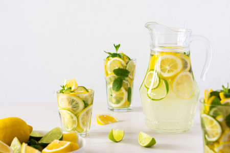 Summer refreshing drink of lemon, lime and mint, jug with lemonade and glasses and citrus slicesの写真素材