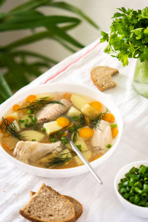 Chicken soup with fresh vegetables, chicken wings broth and young potatoes with onions and carrots, chopped green onions and parsleyの写真素材