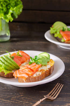 Different delicious sandwiches for breakfast, bread with cheese, avocado and trout, sandwich with egg and parsleyの写真素材