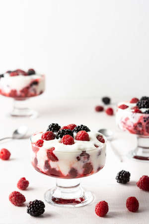 Delicious juicy berries of raspberries and blackberries with yoghurt in a glass form on a white backgroundの写真素材