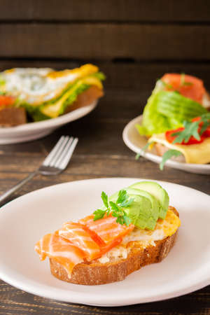Different delicious sandwiches for breakfast, bread with cheese, avocado and trout, sandwich with egg, tomato and rucola, parsleyの写真素材