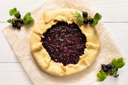 Open pie from shortcrust pastry with black currant, delicious jostaberry galette on white backgroundの写真素材