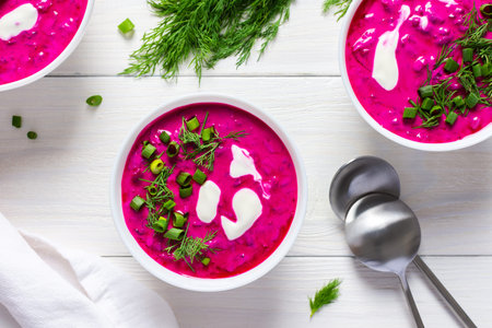 Cold summer soup from fresh young beetroot and cucumbers with kefir with sour creamの写真素材