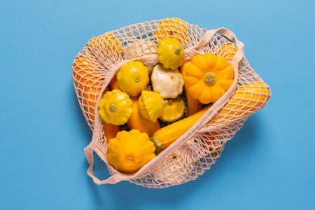 Fresh harvest of zucchini and pattypan squash, yellow squash and pattison in a food grid on blue backgroundの写真素材