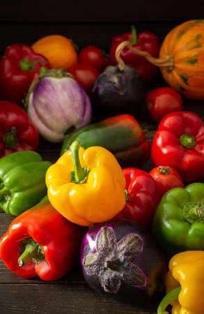 Fresh autumn harvest of organic vegetables, bell peppers with tomatoes, eggplant and pumpkin, vegetable backgroundの写真素材