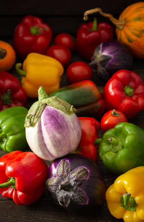 Fresh autumn harvest of organic vegetables, bell peppers with tomatoes, eggplant and pumpkin, vegetable backgroundの写真素材