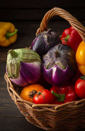 Fresh autumn harvest of organic vegetables, bell peppers with tomatoes, eggplant and pumpkin, vegetables in a wicker basketの写真素材