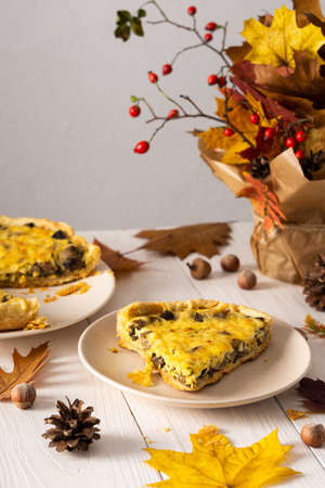 Quiche pie with mushrooms and cheese, autumn background with fallen maple and oak leaves, pine cones, rose hips and hazelnuts, a piece of pie with mushrooms and cheese on a plateの写真素材