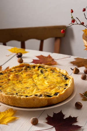Quiche pie with mushrooms and cheese, autumn background with fallen maple and oak leaves, pine cones, rose hips and hazelnutsの写真素材