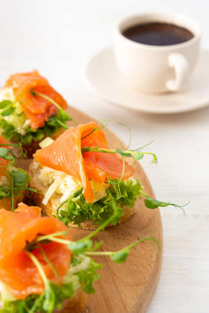 Canapes with mozzarella cheese, salad, salmon and pea sprouts, toast with red fish on a wooden board close upの写真素材