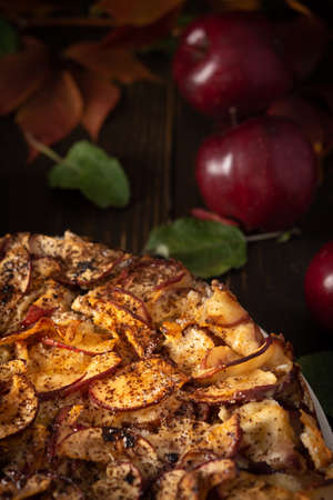 Delicious sweet pie with red apples, apple pie sprinkled with cocoa on a wooden background, rustic style, background of red leaves of grapes and ripe fruitsの写真素材