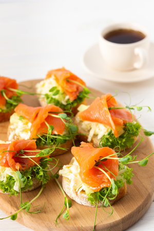 Canapes with mozzarella cheese, salad, salmon and pea sprouts, toast with red fish on a wooden board close upの写真素材