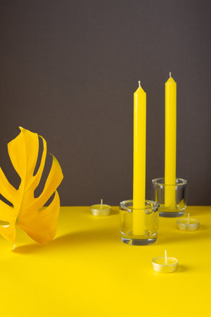 Yellow leaf of a home flower Monstera close-up illuminated and candles in candlesticks on a trendy gray-yellow background, trendy colors of the yearの写真素材