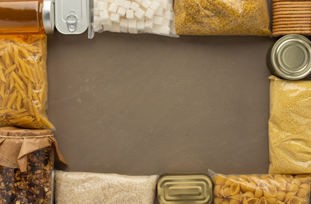 Home food supplies, necessary food for the period of quarantine and isolation, the concept of stay...