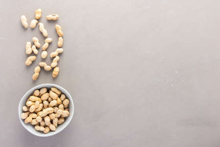 Legumes in bowl and scattered in the background, peanuts in a plate on a gray background, top view, copy spaceの写真素材