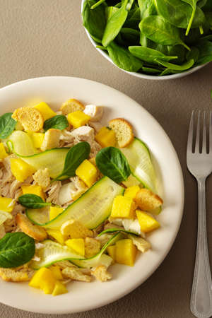 Plate with salad and fork close-up on a brown background, salad of cucumber and chicken breast, mozzarella and croutons with sweet mango pieces and spinachの写真素材
