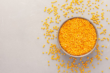 Legumes in bowl and scattered in the background, lentils in a plate on a gray background, top view, copy spaceの写真素材