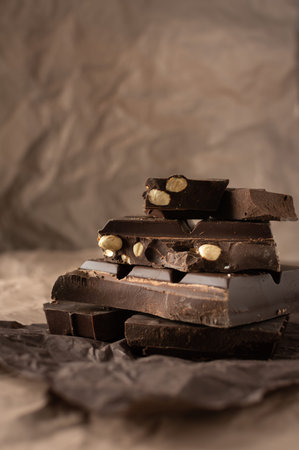 Dark chocolate with almonds and hazelnuts in a stack on brown background