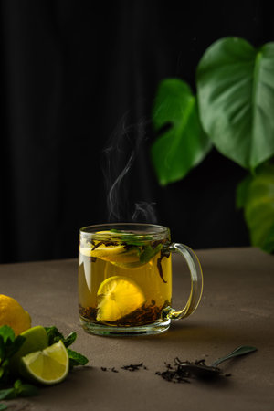 Glass mug with brewed black tea, lemon, lime and mint, tea brewing process