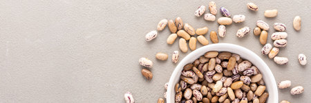 Legumes in bowl and scattered in the background, Pinto beans in a plate banner, top view, copy spaceの写真素材