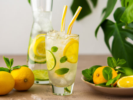 Cold refreshing lemonade in a glass with a straw, a glass with sliced lemon and lime wedges, mint leaves and cold water with ice, Monstera flower in the backgroundの写真素材