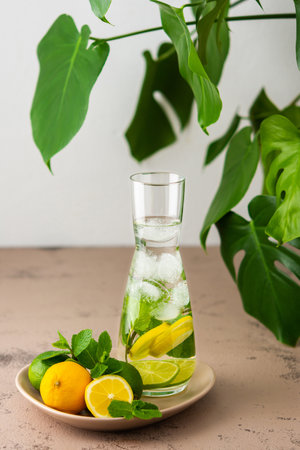 Cold refreshing lemonade in a jug, a jug with cut lemon and lime wedges, mint and cold water with ice, Monstera flower in the backgroundの写真素材