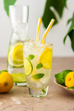 Cold refreshing lemonade in a glass with a straw, a glass with sliced lemon and lime wedges, mint leaves and cold water with ice, Monstera flower in the backgroundの写真素材