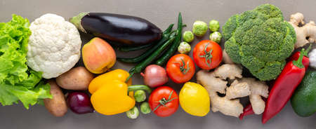 Fresh farm organic vegetables banner, healthy food concept, vegetables and superfood and green salad, top view, copy spaceの写真素材
