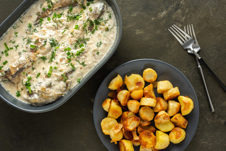 Stewed hake in a creamy sauce with baked potatoes, delicious hearty lunch, top view