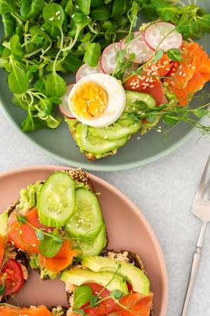 Healthy tasty breakfast, sandwiches with avocado and salmon, cucumbers and tomatoes, radishes and microgreens of peas with boiled egg and root saladの写真素材