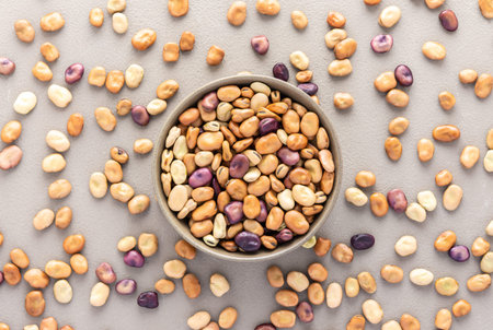 Legumes in bowl and scattered in the background, colorful beans in a plate on a gray background, top viewの写真素材