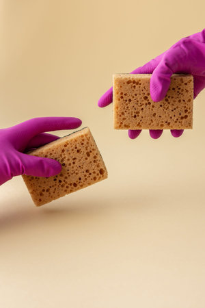 Hand in multi-colored rubber gloves hold a dishwashing sponge, cleaning concept
