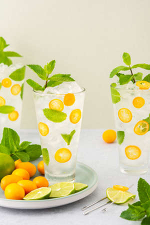 Cold refreshing drink with kumquats and mint, water with citrus fruits and iceの写真素材