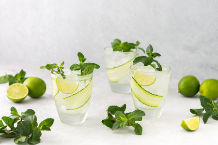 Cold refreshing drinks with lime and cucumber, summer iced beverage and fresh green mint, glasses with lemon waterの写真素材