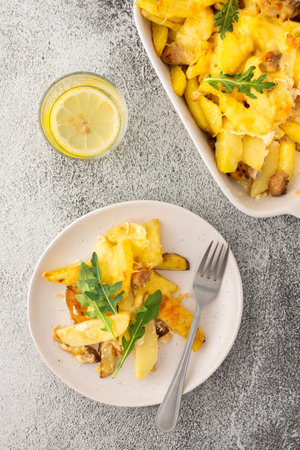 Stewed young potatoes with meat and cheese in a plate with arugula, lemon water in a glass, top viewの写真素材