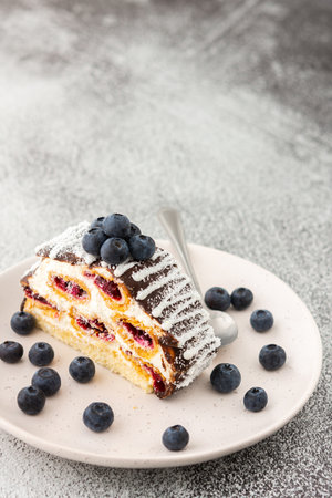 A whole piece of cake poured with chocolate and sprinkled with coconut flakes with blueberries close-up in a plateの写真素材