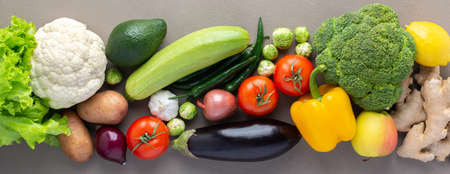 Fresh farm organic vegetables banner, healthy food concept, vegetables and superfood and green salad, top view, copy spaceの写真素材