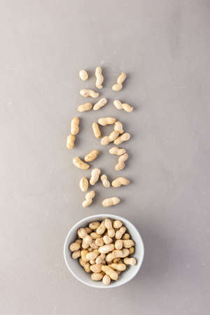 Legumes in bowl and scattered in the background, peanuts in a plate on a gray background, top view, copy spaceの写真素材