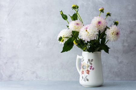 Beautiful autumn bouquet of spherical dahlias in a vase on a table against a background of a gray wallの写真素材