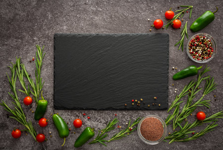 Black empty rectangular slate board on gray background surrounded by fresh cherry tomatoes, jalapeno peppers, spices and rosemaryの写真素材