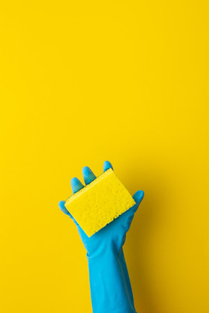 A hand in a blue protective rubber glove holds a washing sponge on a yellow backgroundの写真素材