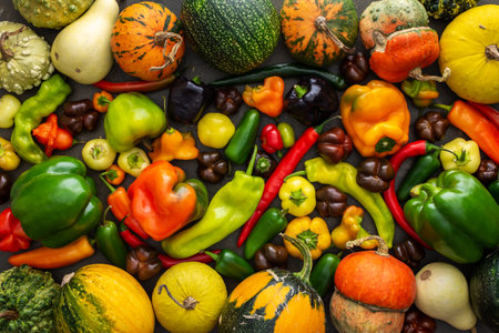 Different types of bitter and sweet peppers and decorative and edible pumpkins, autumn vegetable background, organic healthy farm productsの写真素材