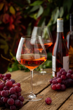 Autumn cozy romantic evening outdoors, wooden table with glasses with rose wine, bottles of wine and grapesの写真素材