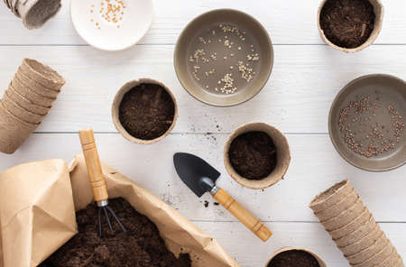 Eco friendly pots for seedlings on a white wooden background, small bag with ground and garden trowel with rake, planting seeds in disposable peat potsの写真素材