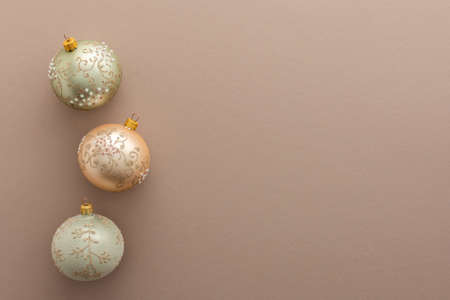 Christmas balls on powdery background, Merry Christmas and Happy New Year concept, top view, copy spaceの写真素材