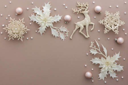 Christmas tree decorations and balls with snow on powdery background, Merry Christmas and Happy New Year concept, top view, copy spaceの写真素材