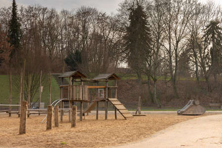 Walk on a cold winter day in the park Volkspark Friedrichshain, playground in the park, Berlinの写真素材