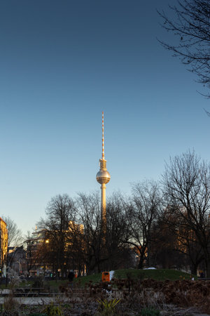Berlin, Germany - December 25, 2021: View of the television tower in central Berlin , a walk on a cold winter day in the Mitte areaのeditorial素材